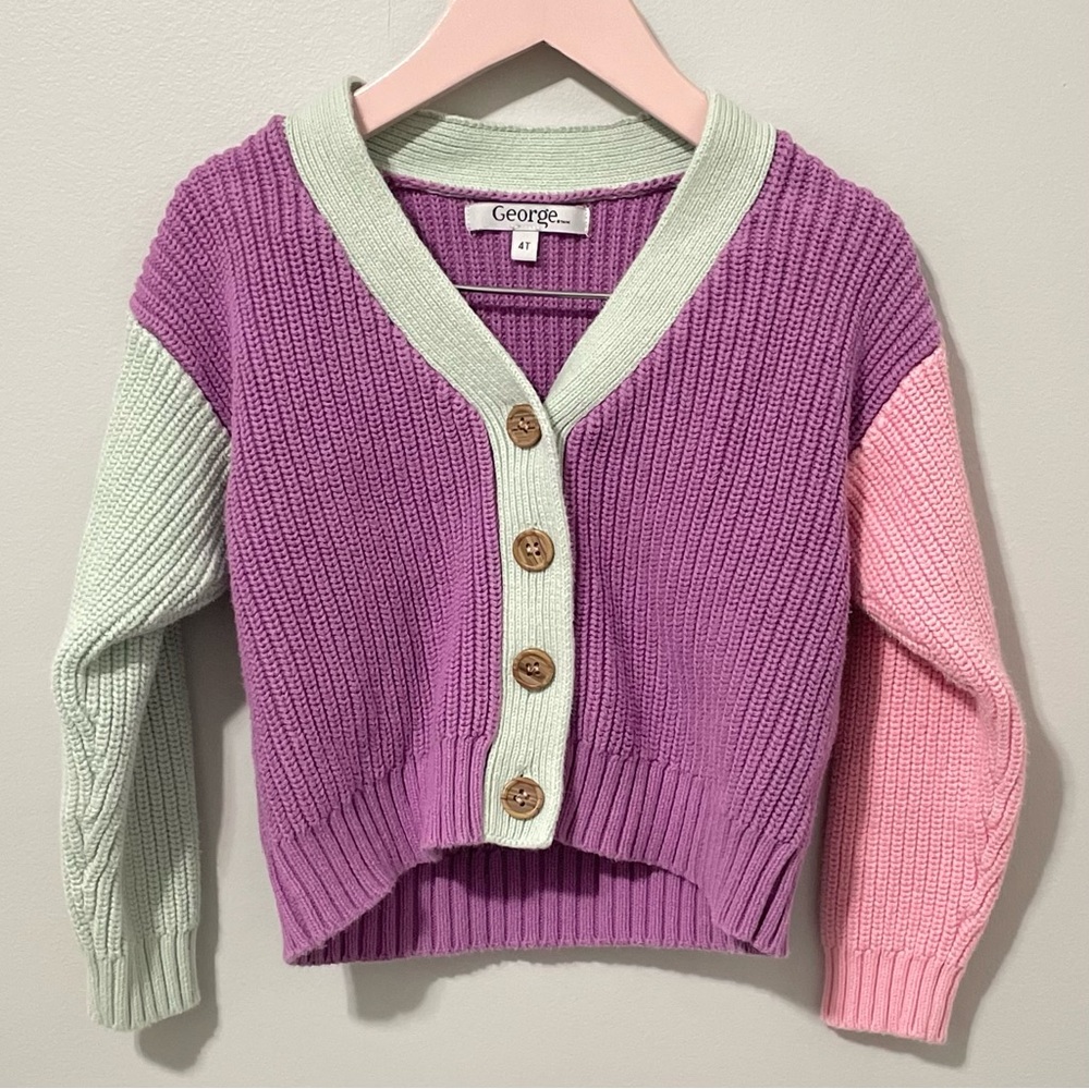 George Girls Colorblock Knit Cardigan Sweater Pastel Purple Pink Green Size 4t